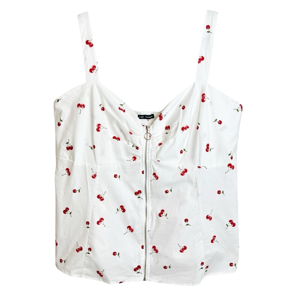 Luna Moon Cherry Print Zip Front Sweetheart Neckline Smocked Top 3X